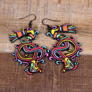 Laser cut wood earrings of Quetzalcoatl (feathered serpent).