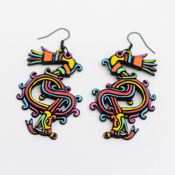 Laser cut wood earrings of Quetzalcoatl (feathered serpent).