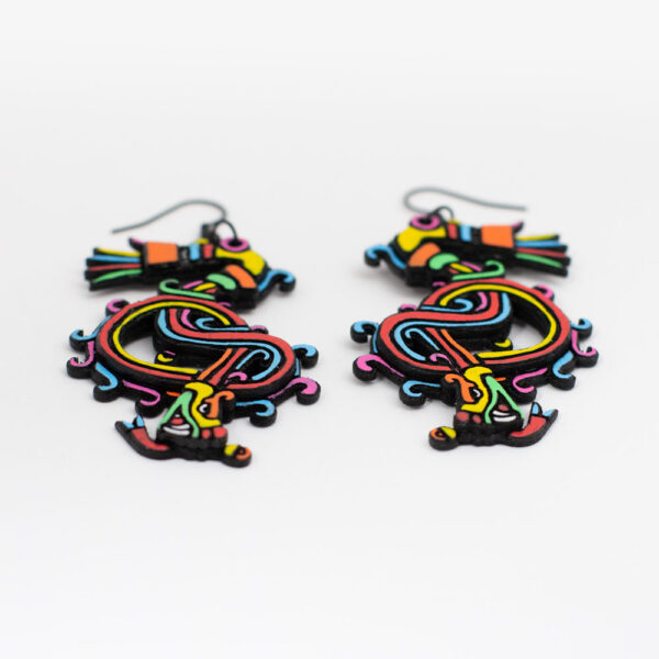 Laser cut wood earrings of Quetzalcoatl (feathered serpent).